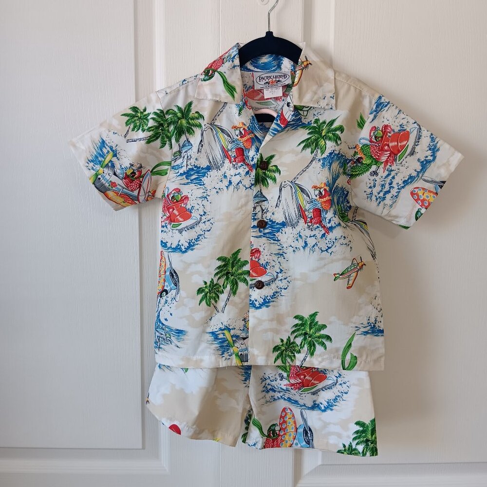 NEW Pacific Legend Boy's Tan Parrot Hawaiian Shirt and Shorts Set Size 4T